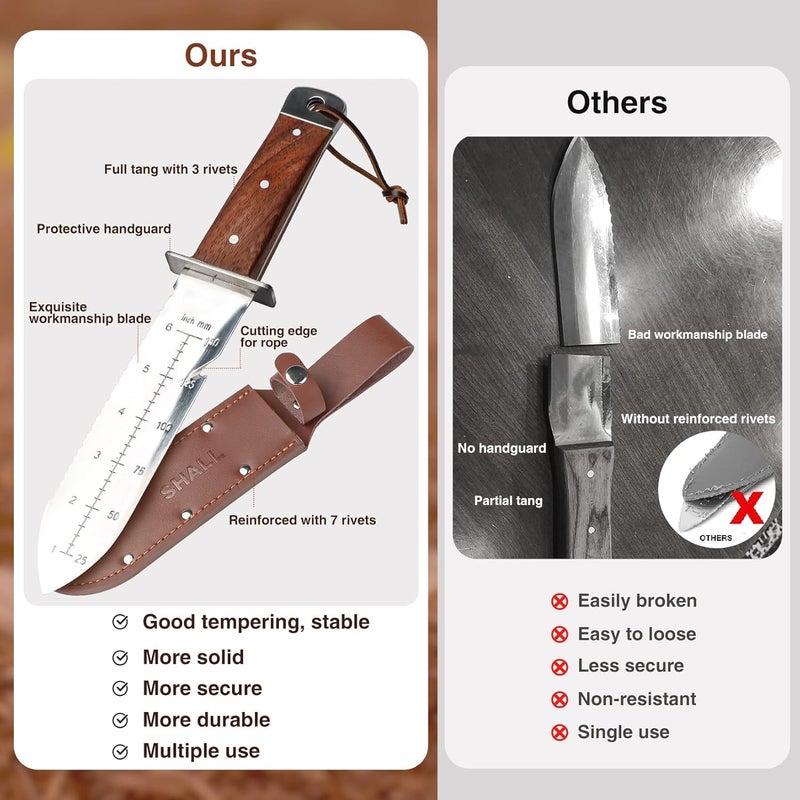 SHALL Hori Hori, Japanese Garden Knife, Soil Knife with Leather Sheath, Rosewood Handle & Hide Rope, 7” Stainless Steel Blade, Rope Cutting Edge, for Digging, Weeding, Planting, Full-Tang - Image 2